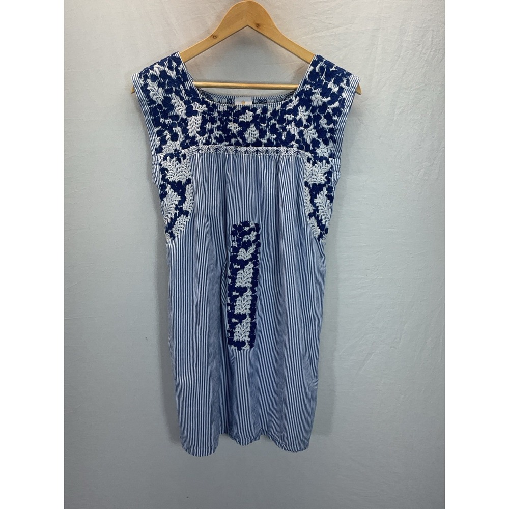 J Marie Blue embroidered floral blue striped mini Dress size S summer‎ spring